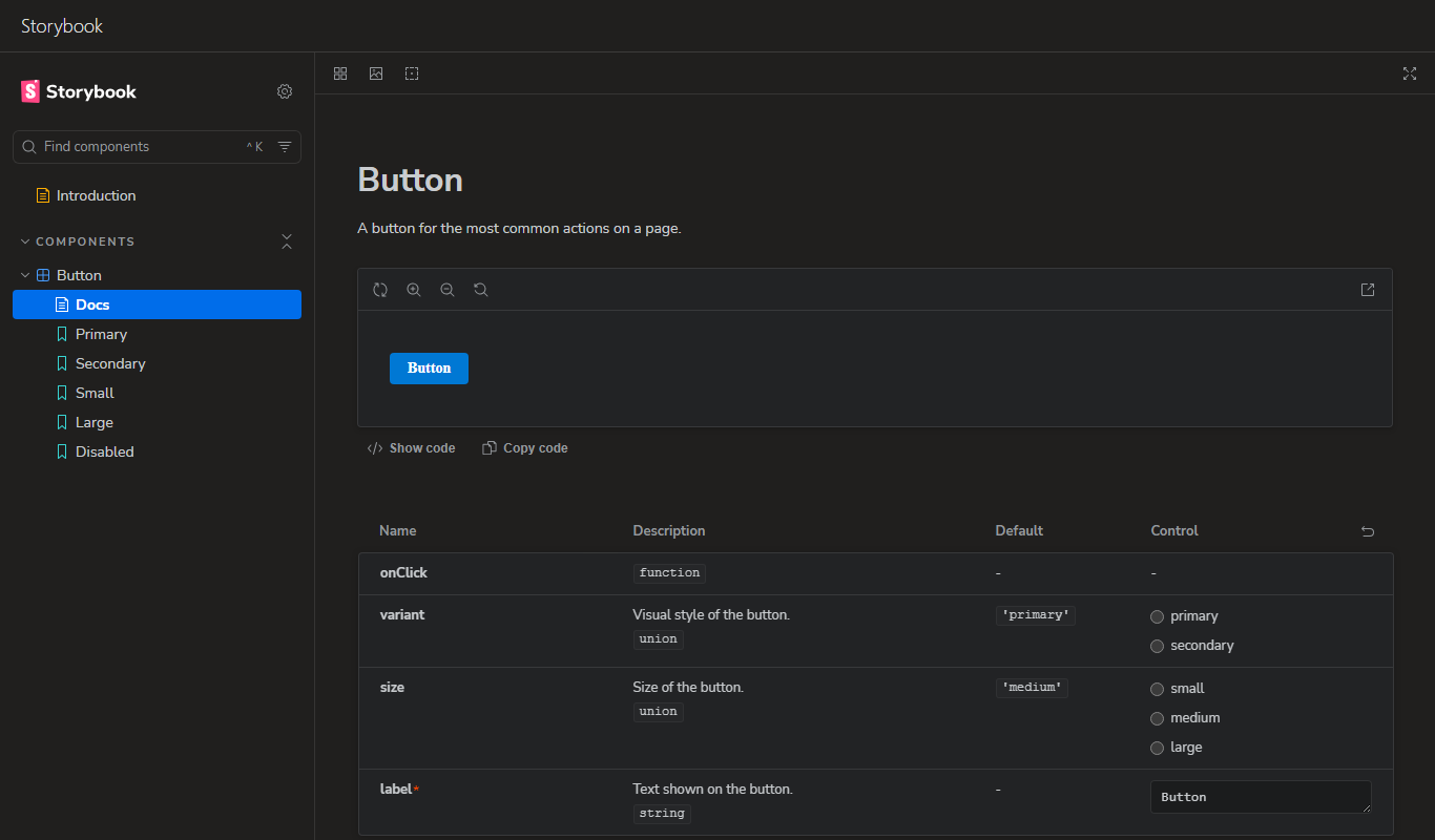 The project's Storybook in the Designs hub with the dark Azure DevOps theme