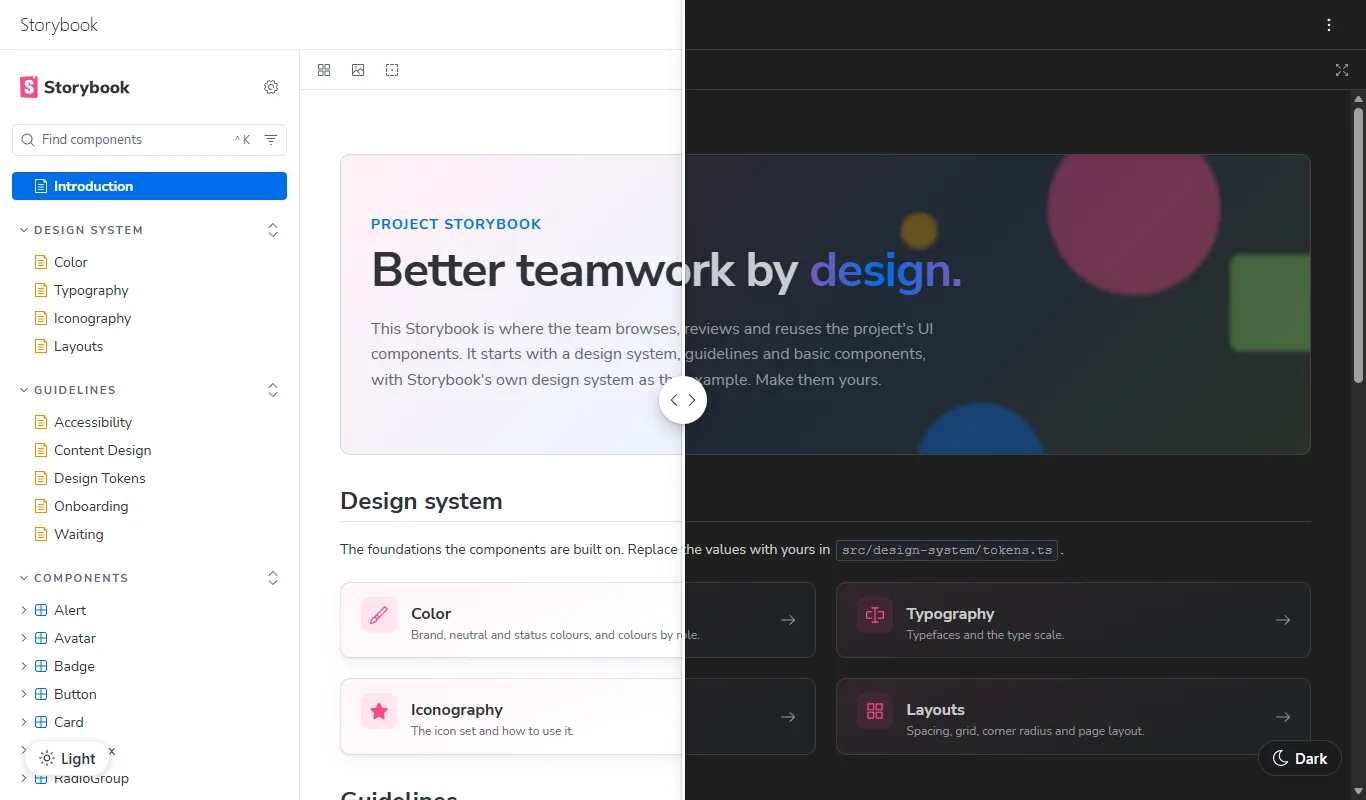 The project Storybook's introduction page in the light Azure DevOps theme on the left and the dark theme on the right